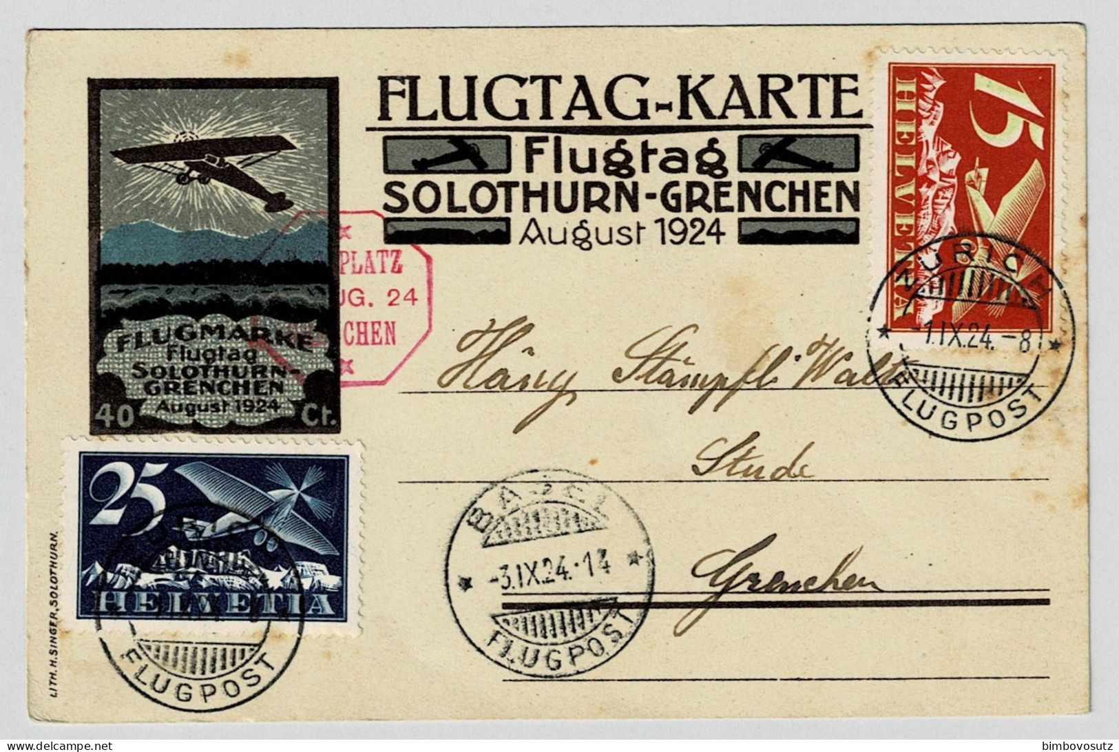 Schweiz Karte  Flugtag Solothurn-Grenchen 1.IX.24 Stockflecken - First Flight Covers