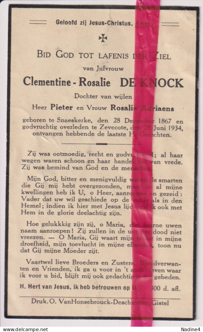 Devotie Doodsprentje Overlijden - Clementine De Knock Dochter Pieter & Rosalie Adriaens - Snaaskerke 1867 - Zevekote - Obituary Notices