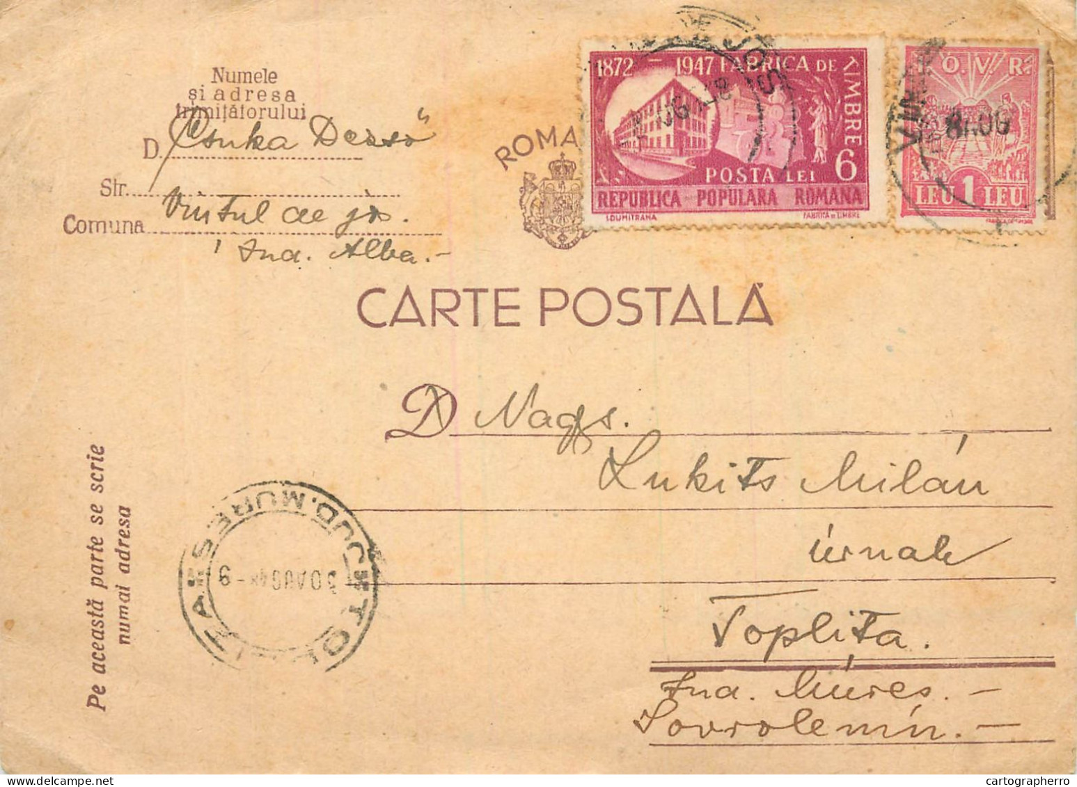 Romania Postal Card Toplita 1948 - Rumania