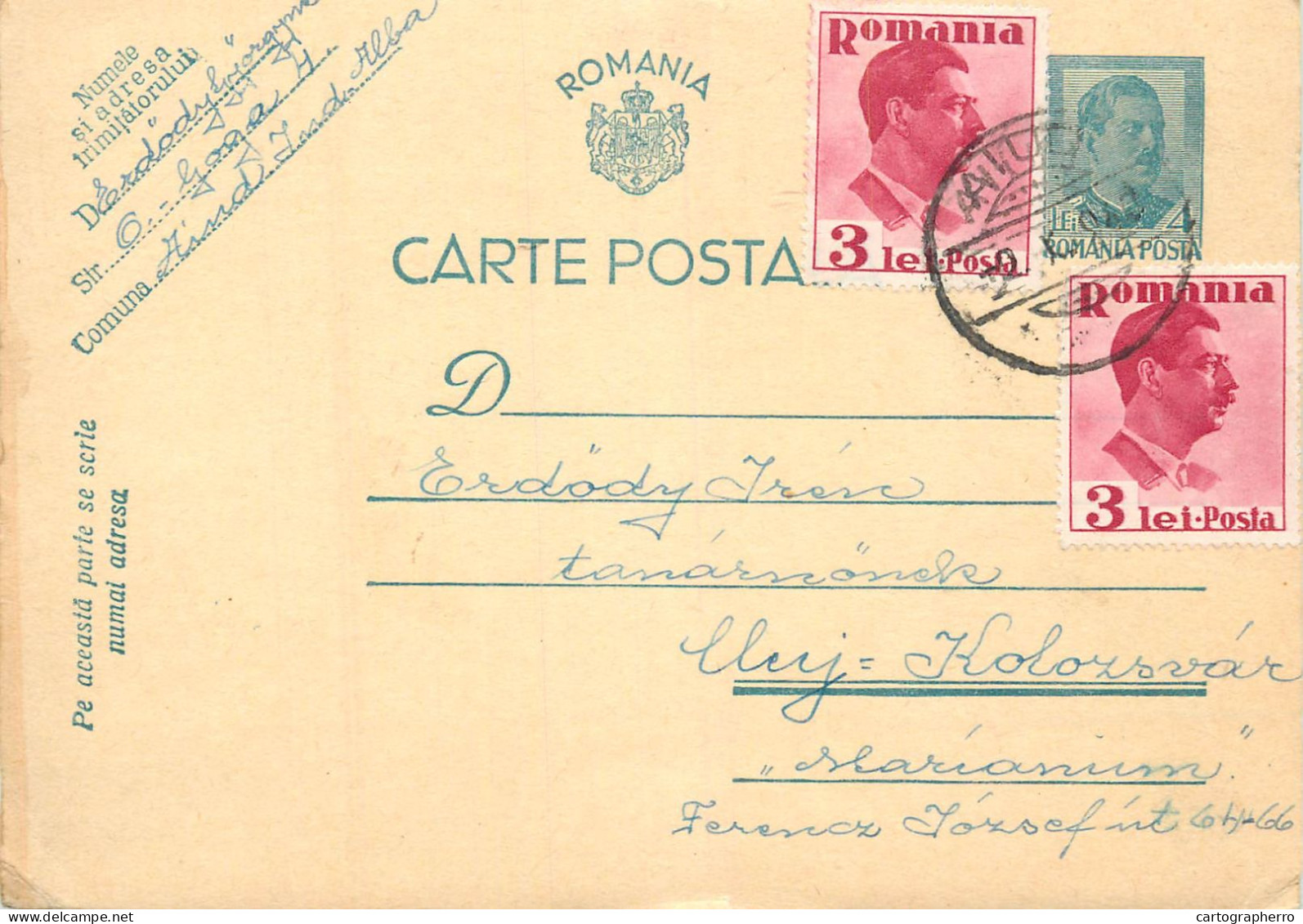 Romania Postal Card Royalty Franking Stamps Toplita Cluj 1939 - Roumanie