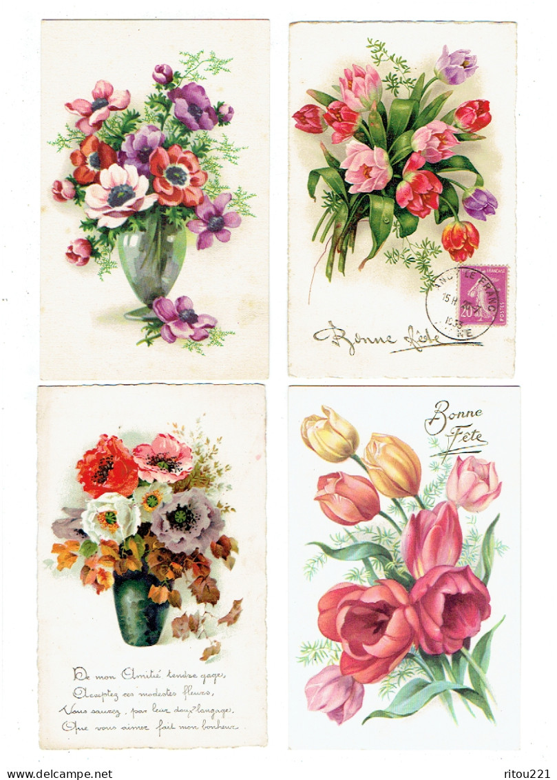 Lot 12 Cpa - Fleur Pensée Tulipe Myosotis Houx Gui - Illustration  - Bonne Fête / Année - - Blumen