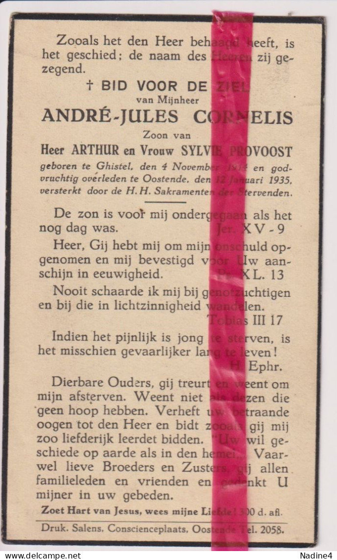 Devotie Doodsprentje Overlijden - André Cornelis Zoon Arthur & Sylvie Provoost - Gistel 1914 - Oostende 1935 - Décès