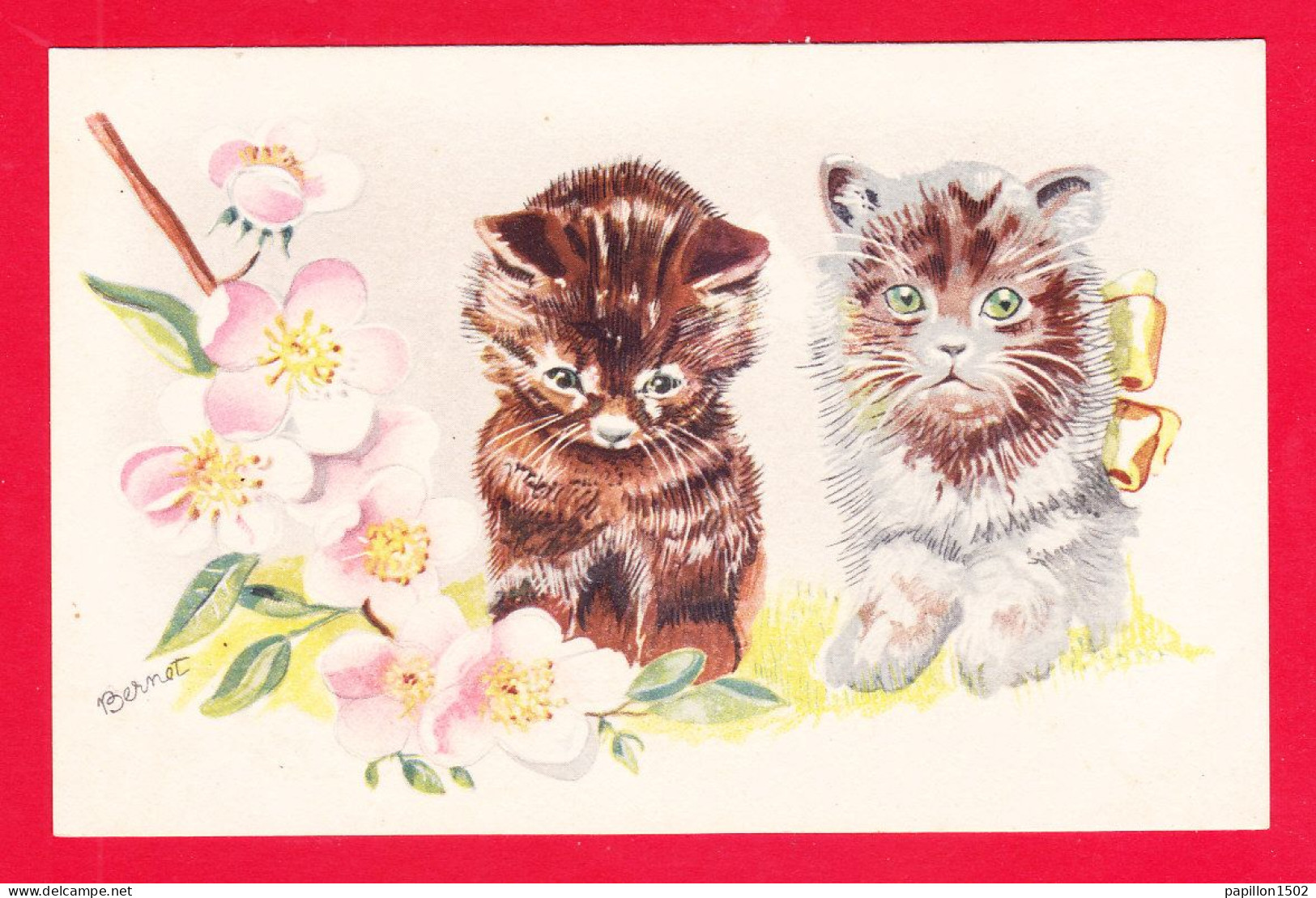 Illust-2171Ph127  BERNET, 2 Chatons Entourés De Fleurs, Cpa BE - Autres & Non Classés