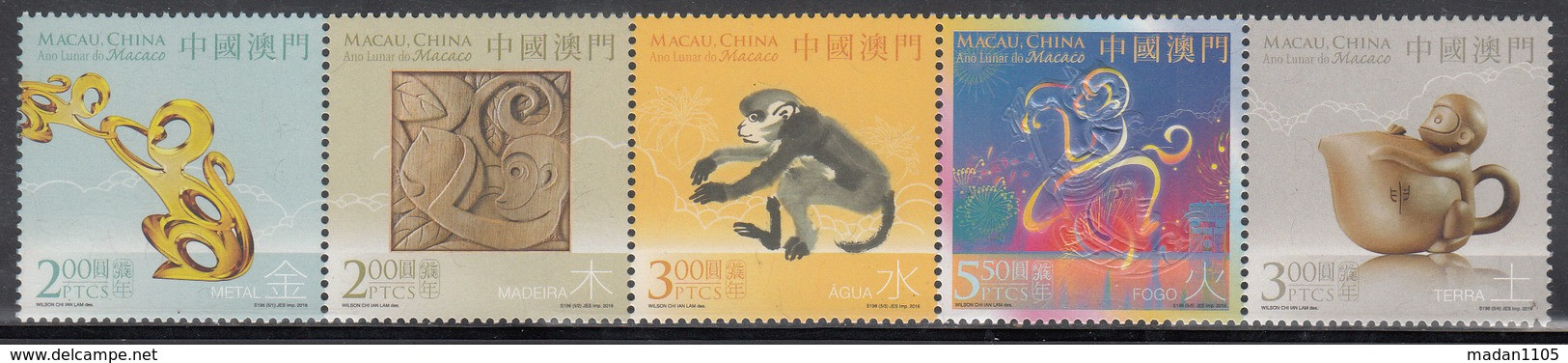 MACAU, MACAO,  2016, (2 Scans), Chinese New Year - Year Of The Monkey, Set  5v + MINIATURE SHEET,   MNH, (**) - Ongebruikt
