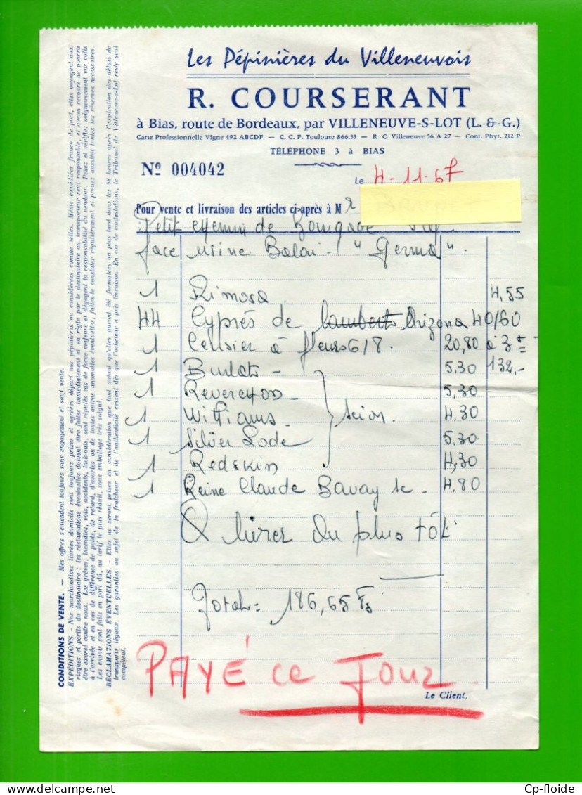FACTURE . " LES PÉPINIÈRES DU VILLENEUVOIS " . R. COURSERANT À BIAS . LOT-ET-GARONNE - Réf. N°39030 - - 1950 - ...