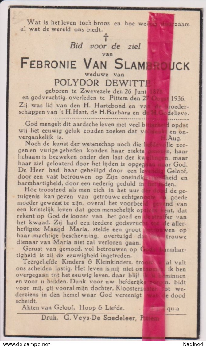 Devotie Doodsprentje Overlijden - Febronie Van Slambrouck Wed Polydor Dewitte - Zwevezele 1878 - Pittem 1936 - Obituary Notices