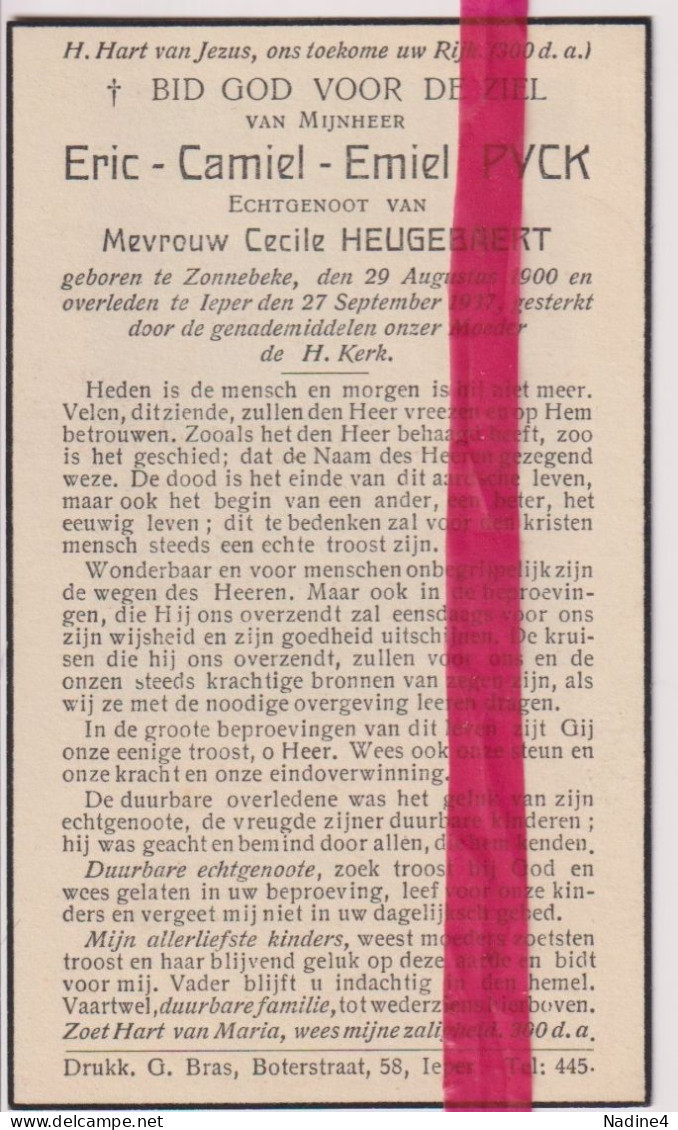 Devotie Doodsprentje Overlijden - Eric Pyck Echtg Cecile Heughebaert - Zonnebeke 1900 - Ieper 1937 - Obituary Notices