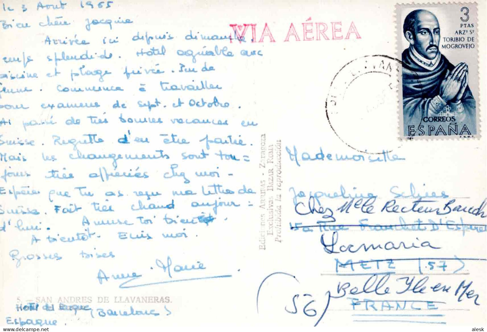 ESPAGNE N°1292 (y&t) PAR AVION - San Andres 3 Août 1965 Pour Metz Puis Belle-ile-en-Mer / Archevêque Toribio - CP San-An - Lettres & Documents