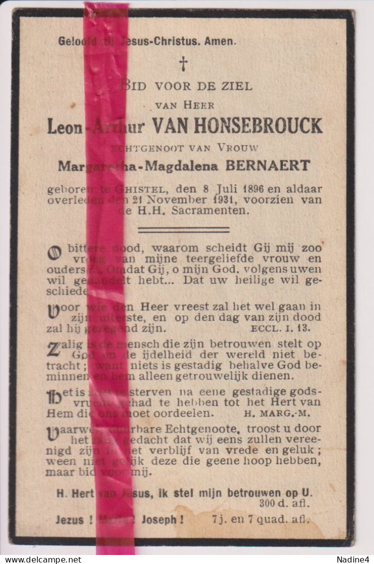 Devotie Doodsprentje Overlijden - Leon Van Honsebrouck Echtg Margaretha Bernaert - Gistel 1896 - 1931 - Obituary Notices