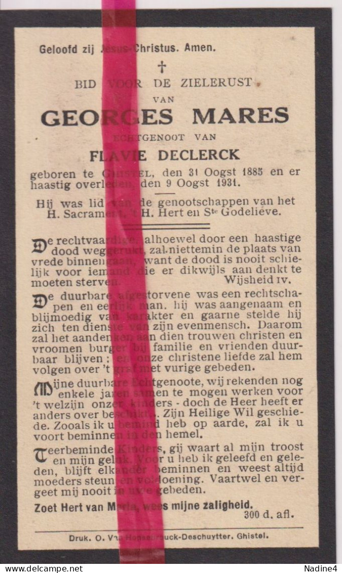 Devotie Doodsprentje Overlijden - Georges Mares Echtg Flavie Declerck - Gistel 1885 - 1931 - Obituary Notices