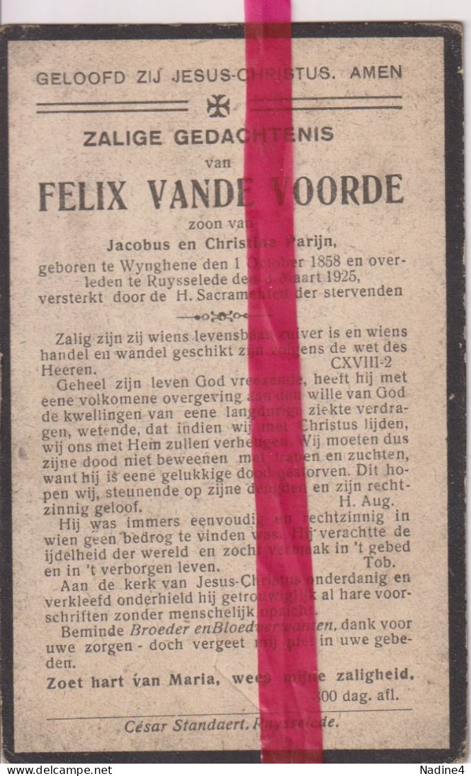 Devotie Doodsprentje Overlijden - Felix Vande Voorde Zoon Jacobus & Christine Parijn - Wingene 1858 - Ruiselede 1925 - Décès