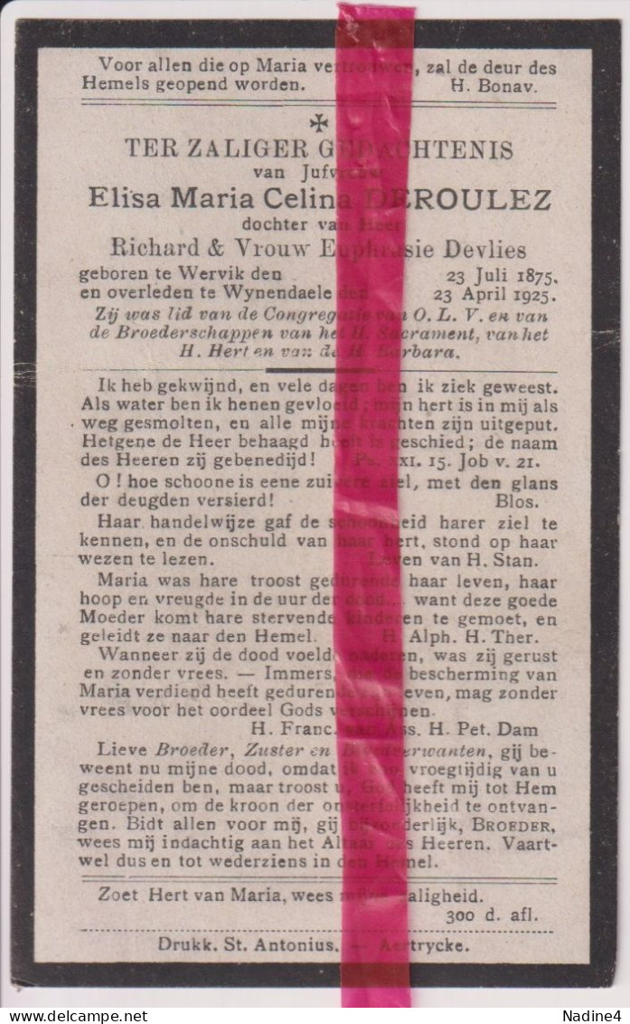 Devotie Doodsprentje Overlijden - Elisa Deroulez Dochter Richard & Euphrasie Devlies - Wervik 1875 - Wijnendale 1925 - Décès