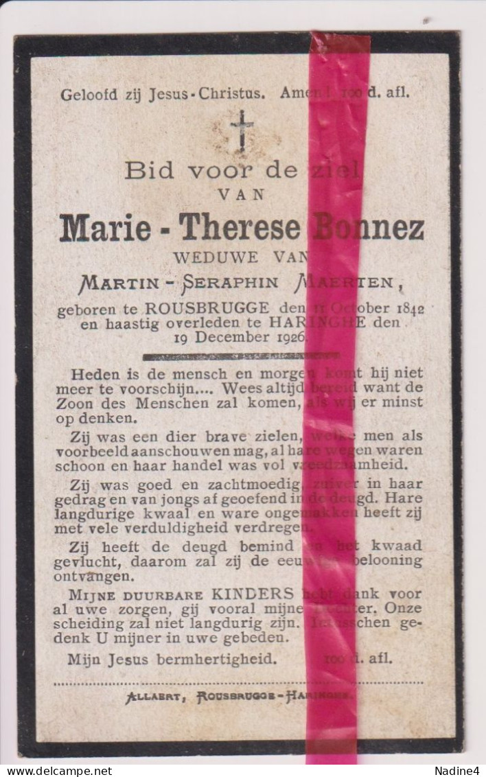 Devotie Doodsprentje Overlijden - Marie Bonnez Wed Martin Maerten - Roesbrugge 1842 - Haringe 1926 - Décès