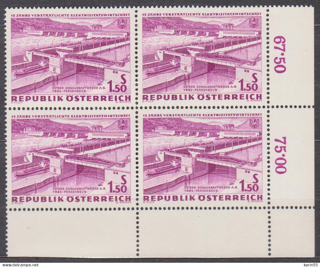 1962 , Verstaatlichte Elektrizitätswirtschaft ,Kraftwerk Ybbs - Persenbeug ( Mi.Nr.: 1104 ) (2) 4-er Block Postfrisch ** - Unused Stamps