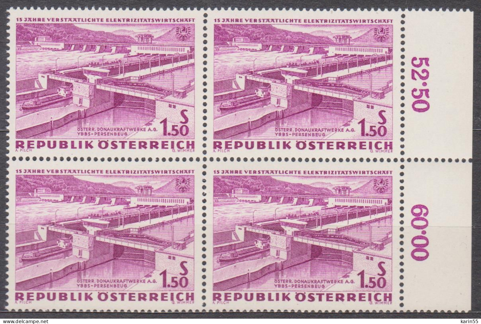 1962 , Verstaatlichte Elektrizitätswirtschaft ,Kraftwerk Ybbs - Persenbeug ( Mi.Nr.: 1104 ) (6) 4-er Block Postfrisch ** - Nuevos