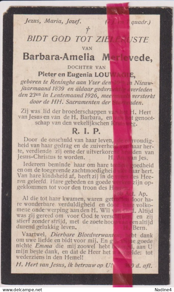 Devotie Doodsprentje Overlijden - Barbara Merlevede Dochter Pieter & Eugenia Louwagie - Reninge Aan IJzer 1839 - 1926 - Obituary Notices