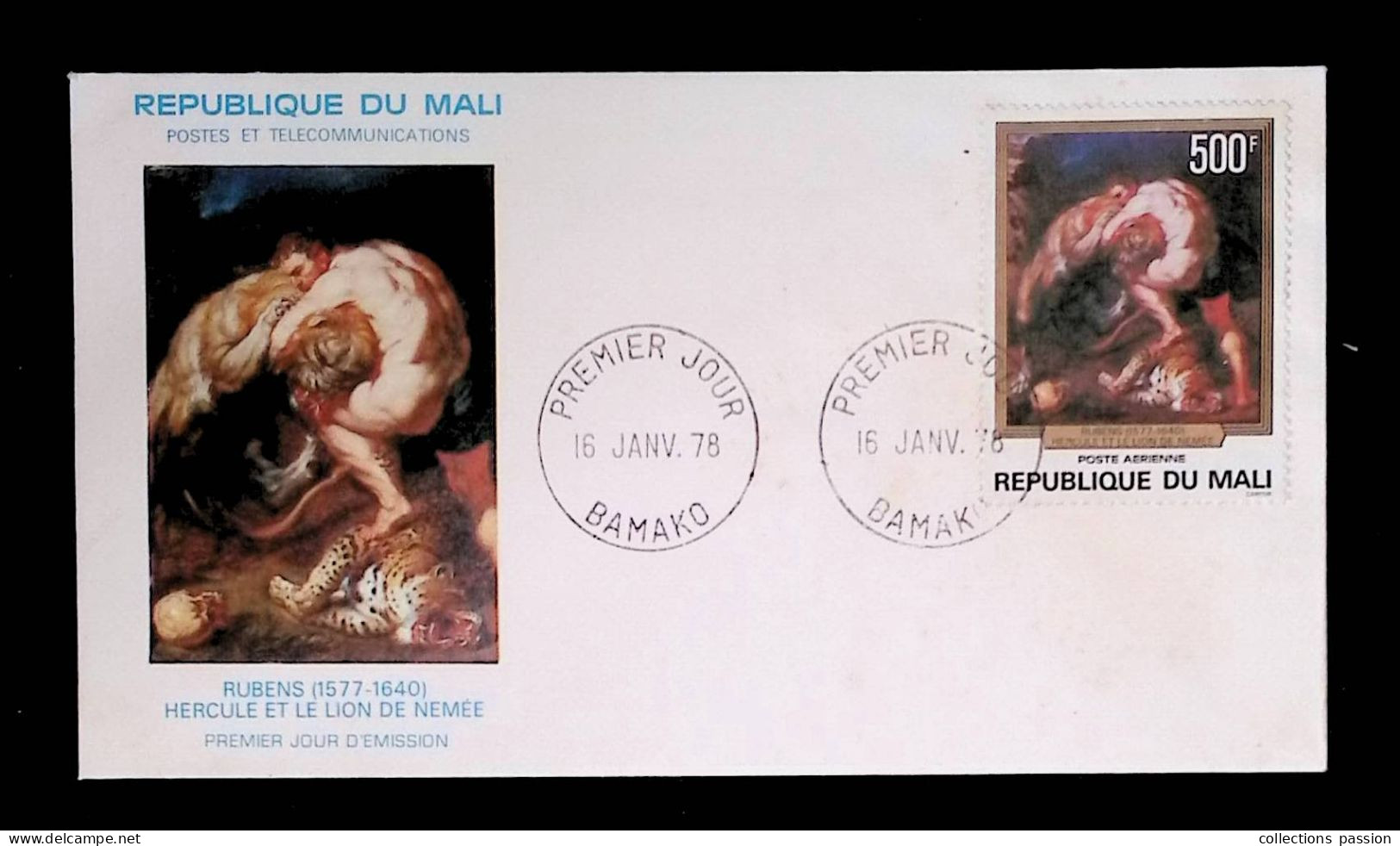 CL, FDC, Premier Jour, République Du Mali, Bamako, 16 Janv. 1978, Hercule Et Le Lion De Nemée, Rubens - Mali (1959-...)