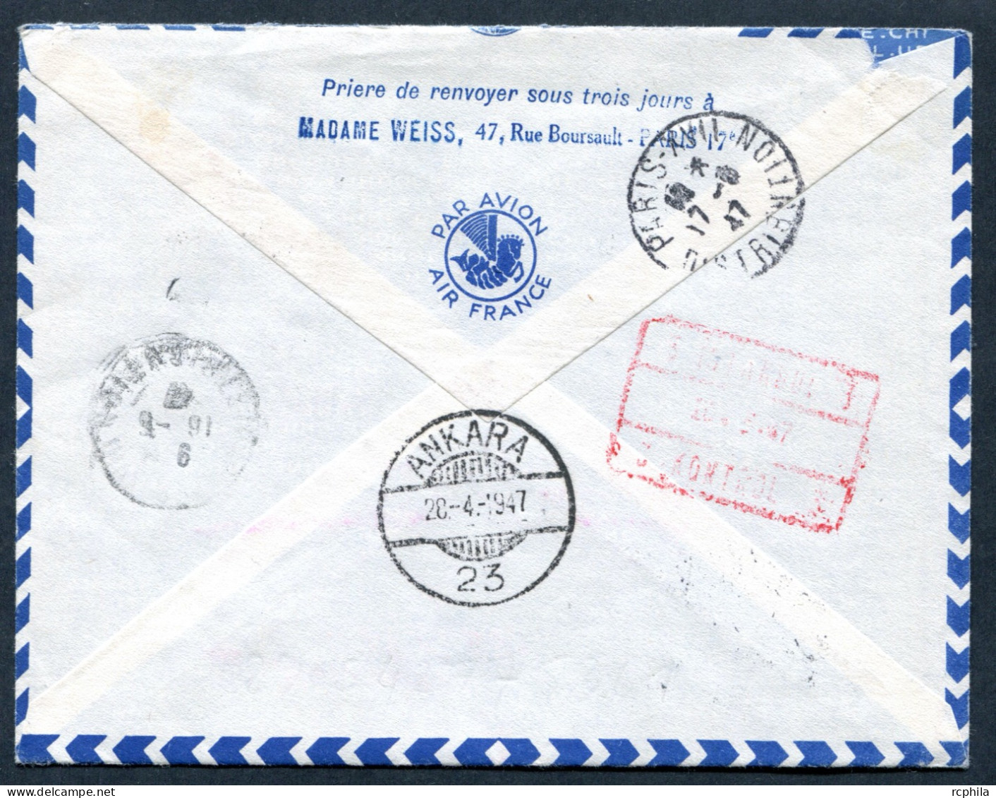 RC 27666 FRANCE 1947 PARIS - ANKARA TURQUIE PAR AIR FRANCE 1er VOL FFC - TB - 1927-1959 Lettres & Documents