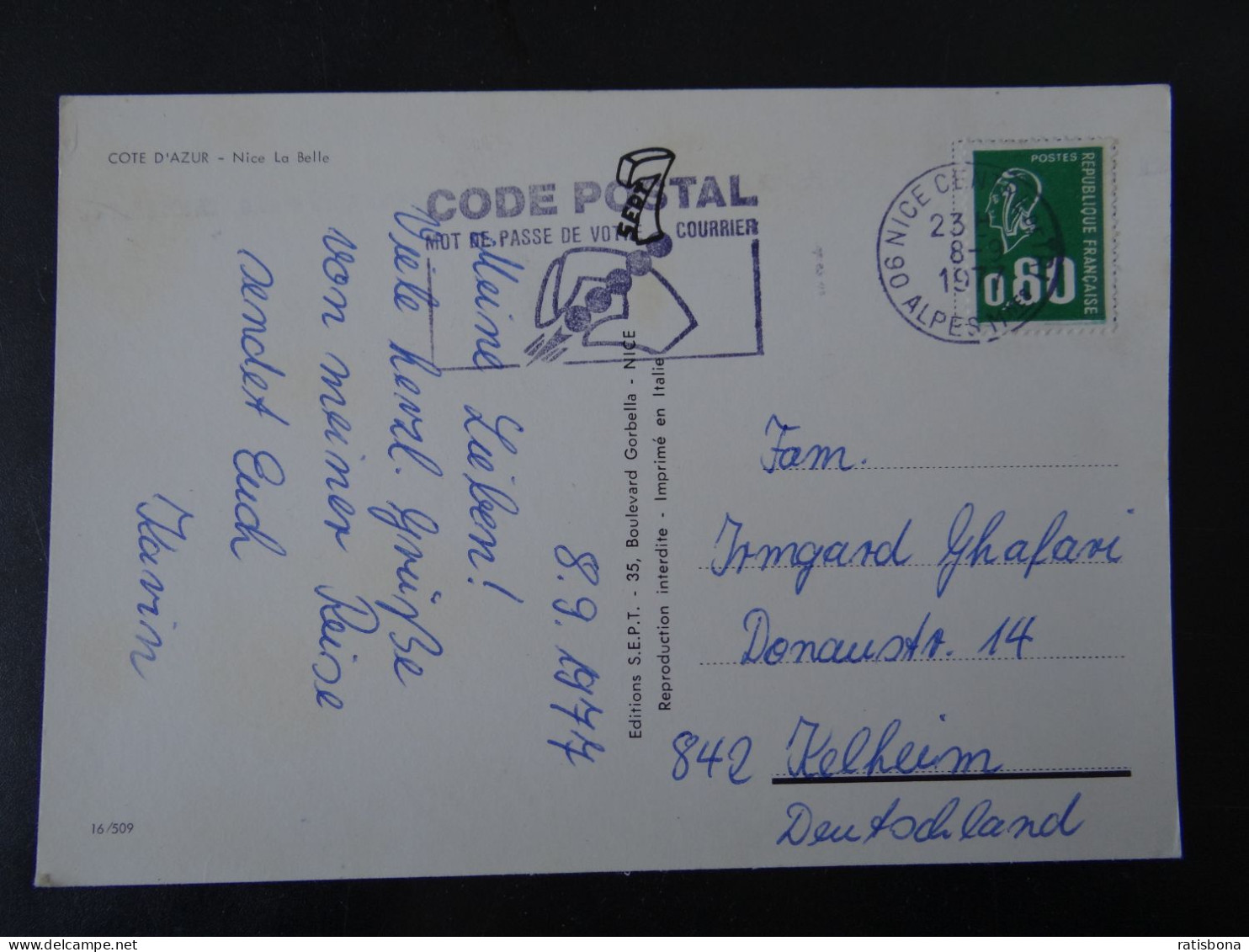 Postkarte Nice: Maschinenstempel "Code Postal" Mot De Passe De Votre Courrier - 1977 - Code Postal