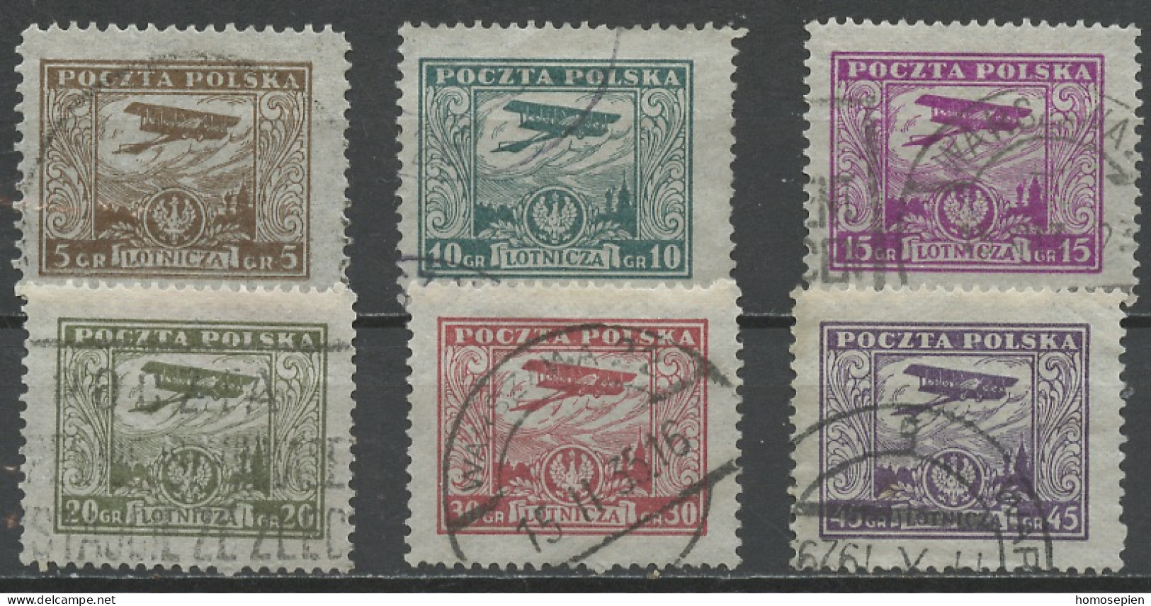 Pologne - Poland - Polen Poste Aérienne 1925 Y&T N°PA4 à 9 - Michel N°F227 à 232 (o) - Biplan Survolant Varsovie - Gebraucht