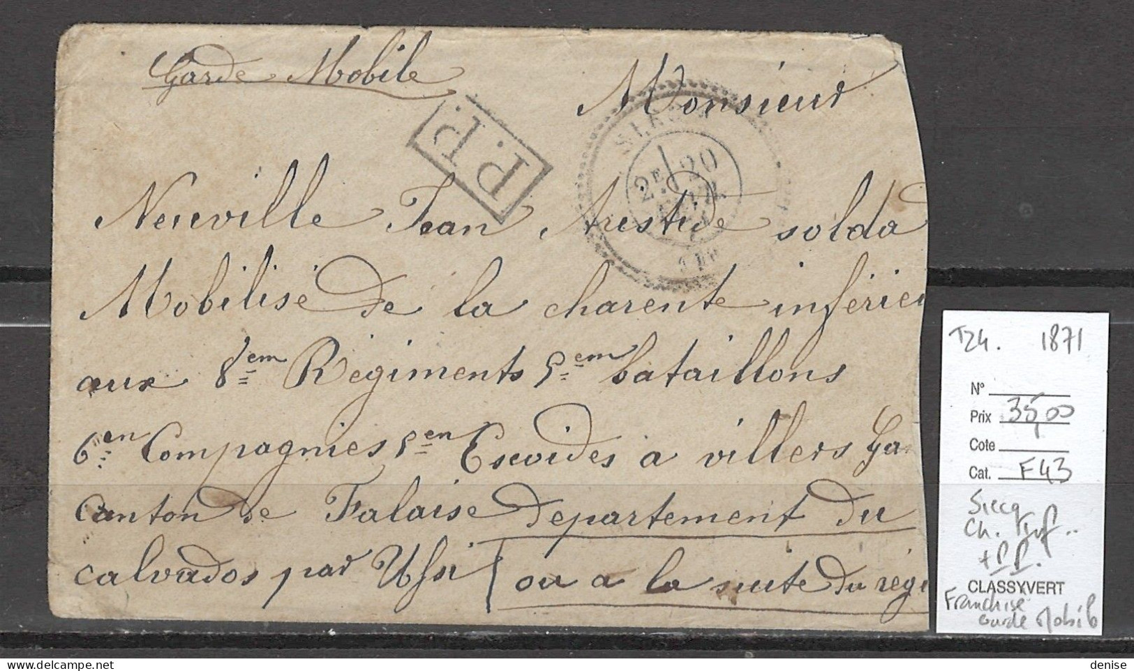 France - Lettre - T24 SIECQ- Charente Inférieure - Franchise Et PP -  1871 - 1849-1876: Classic Period