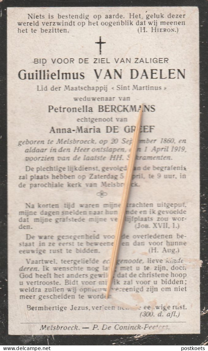 Melsbroek, Melsbroeck, 1919, Guillielmus Van Daelen, Berckmans, De Greef - Imágenes Religiosas