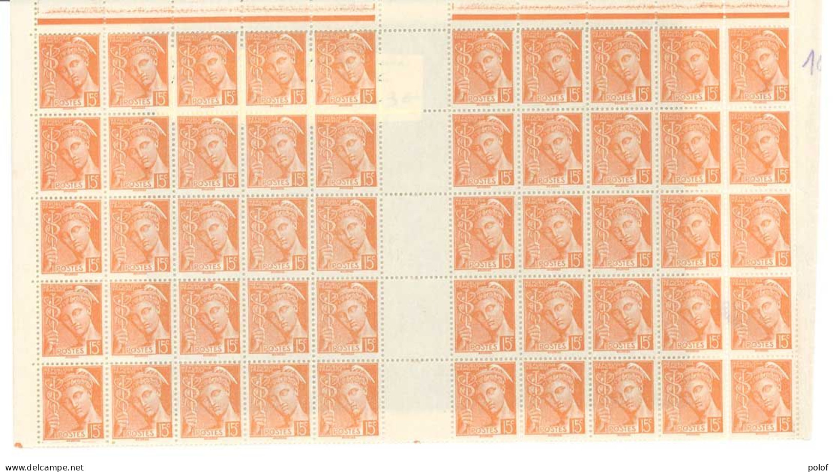 Yvert 408 -  Bloc De 50 Timbres Neufs Sans Traces De Charnières - Bord De Feuille - 1938-42 Mercure