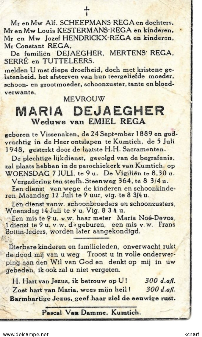 Faire-part De Déces De VISSENAKEN ( Tirlemont / Tienen ) De Maria Dejaegher 1948 - Décès