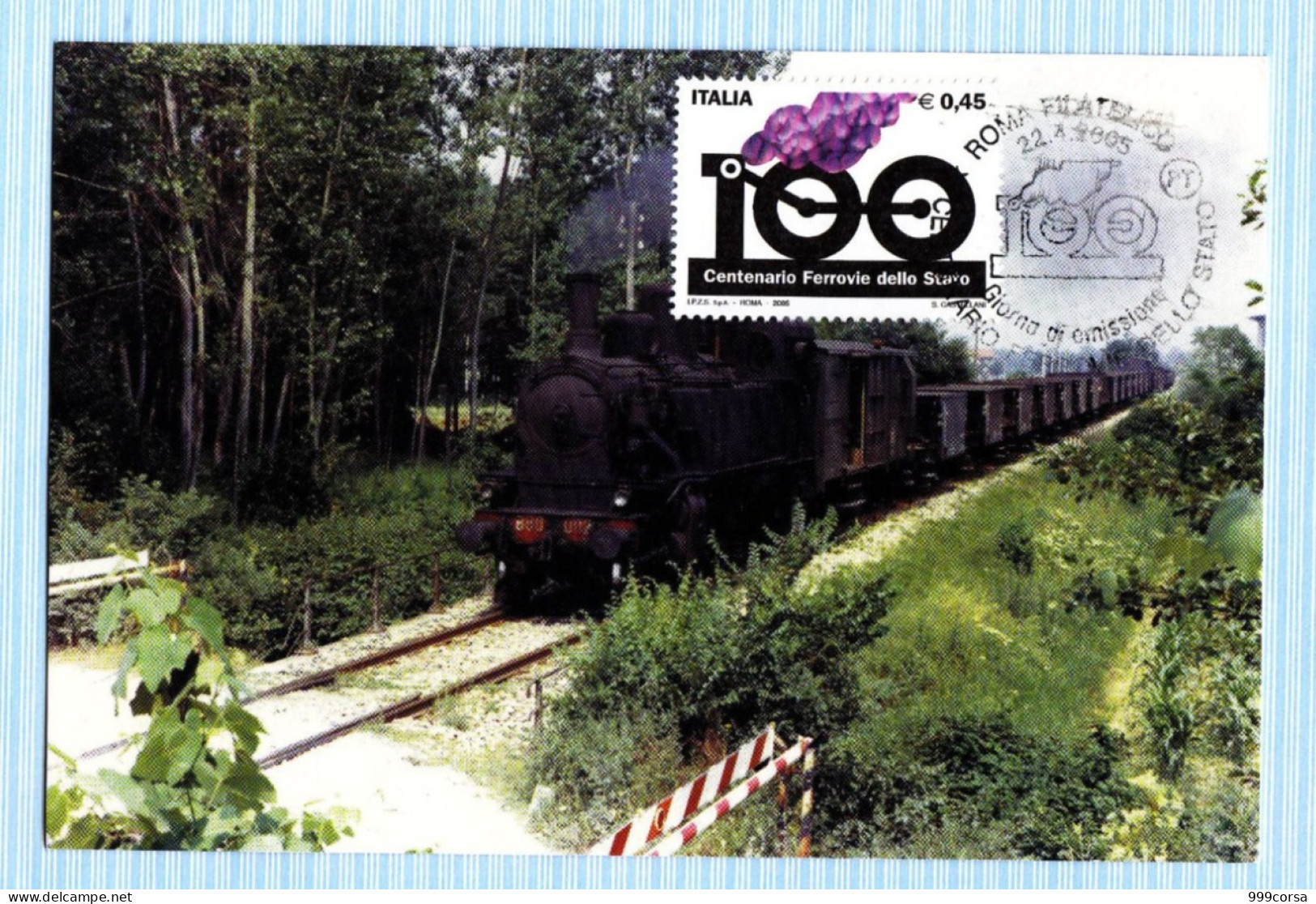 Italia, Trasporti, Treni, Centenario Ferrovie Dello Stato, 1° Giorno 22-4-2005, Annullo Speciale Roma Filatelico - Trenes