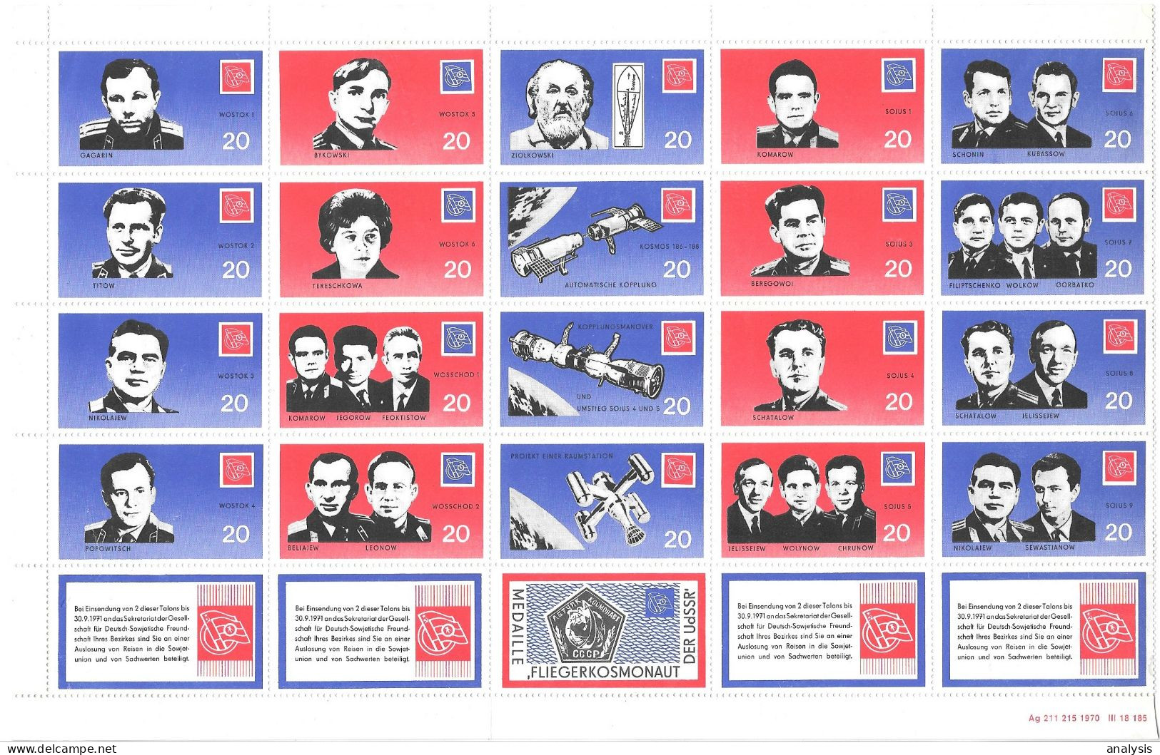 Germany DDR Space Propaganda Labels Vignette 1971 Sheet Of 25 Soviet Cosmonauts Gagarin Komarov Leonov Tereshkova - Europe