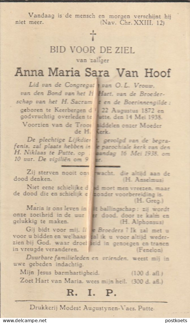 Putte, Keerbergen, 1938, Anna Van Hoof, - Andachtsbilder