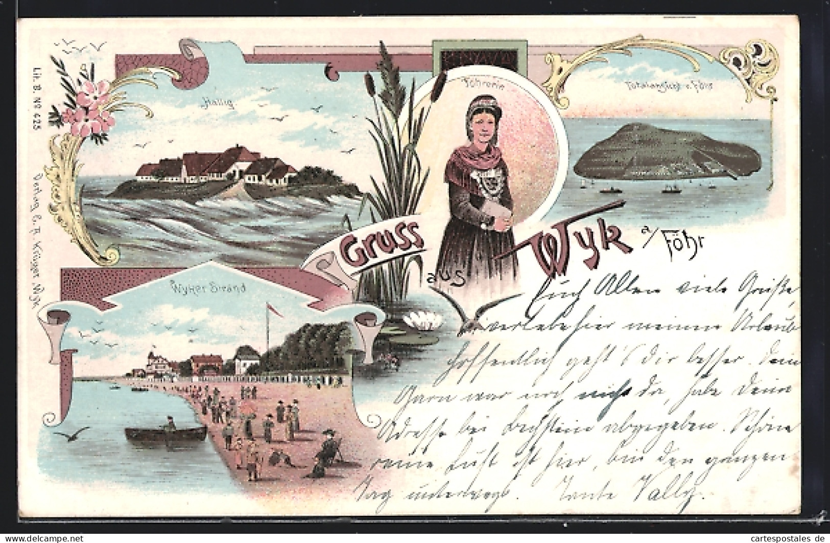 Lithographie Wyk, Totalansicht V. Föhr, Hallig, Strandpartie & Frau In Tracht  - Föhr