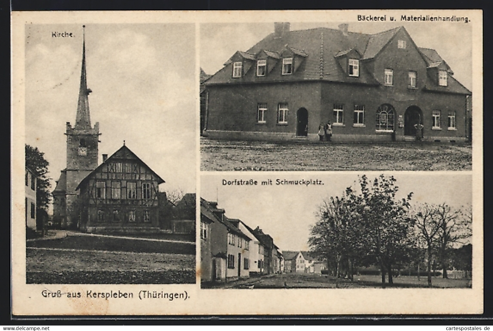 AK Kerspleben /Th., Bäckerei Und Materialienhandlung, Dorfstrasse Mit Schmuckplatz  - Autres & Non Classés