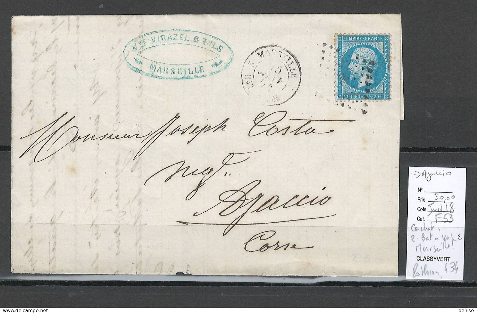 France Lettre Avec Cachet  - 2  Bat à Vap 2 - Marseille Pour Ajaccio - Corse - 1864 - Covers & Documents