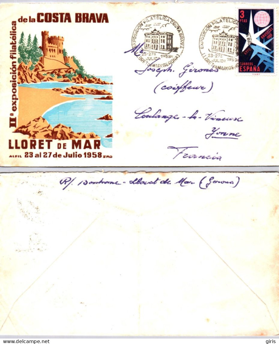 Espagne - Lettre - Obl Lloret De Mar 1958 - Exposicion Filtélica De La Costa Brava Pour Coulanges-la-vineuse - Sonstige & Ohne Zuordnung