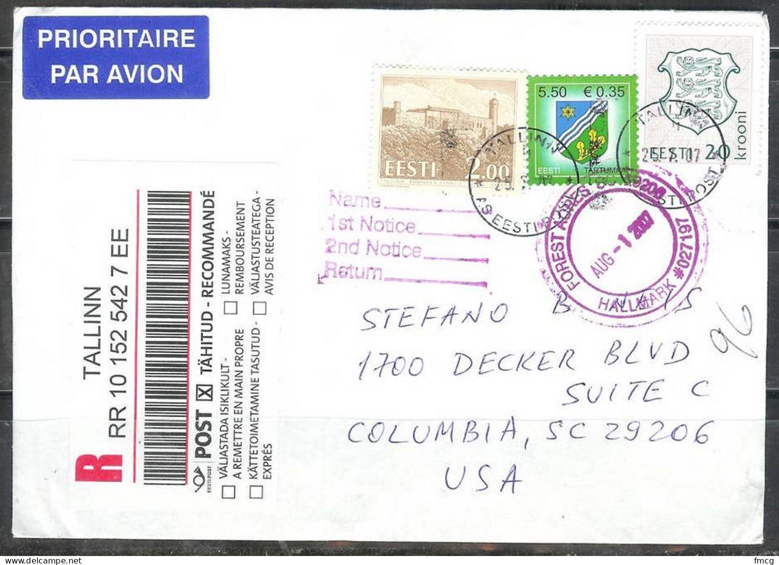 2007 Estonia Registered Cover, Tallinn (25.7.07) To SC USA - Estonie