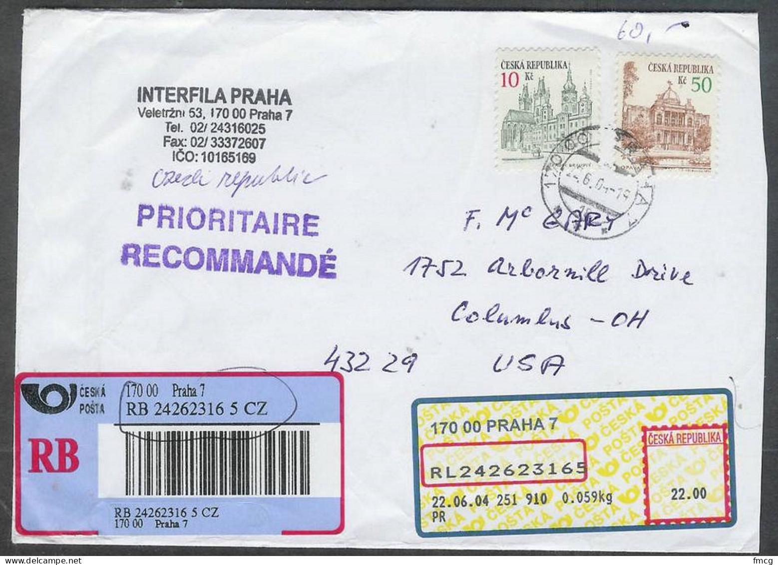 Czech Republic 2004 Registered Cover Prague (22 June) To Columbus Ohio USA - Lettres & Documents