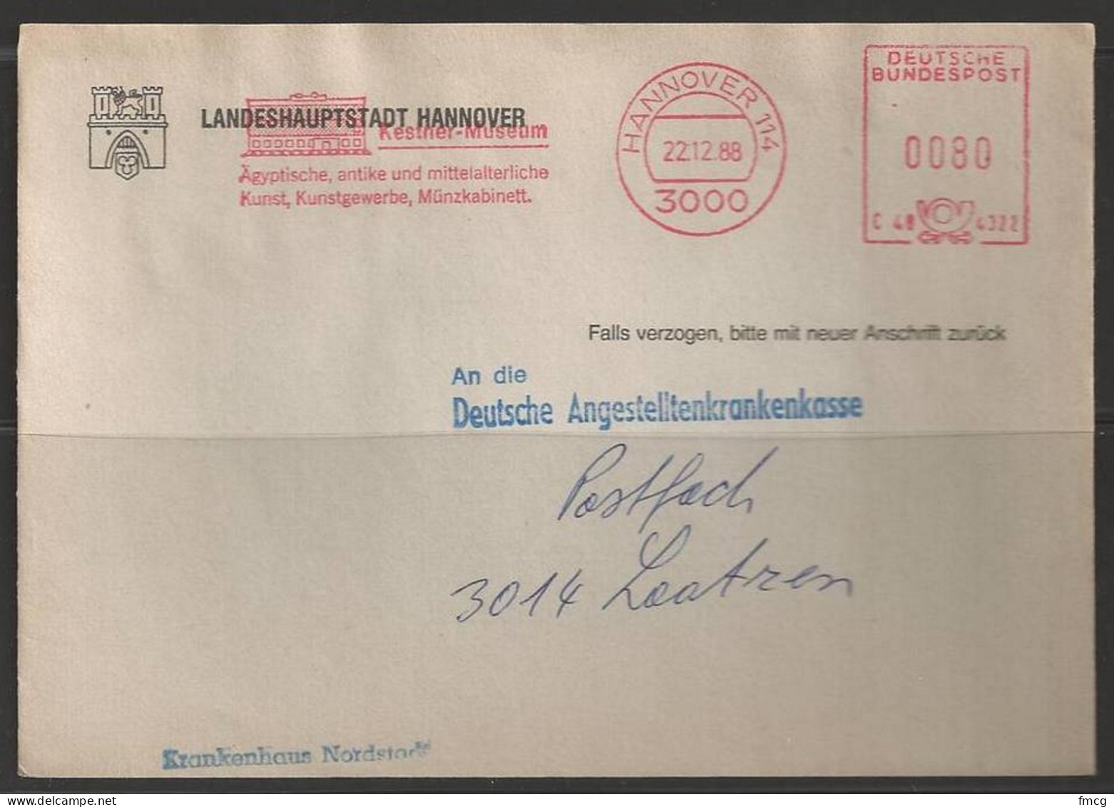 1988 Hanover Museum, Meter, Corner Card (22.12.88) - Lettres & Documents