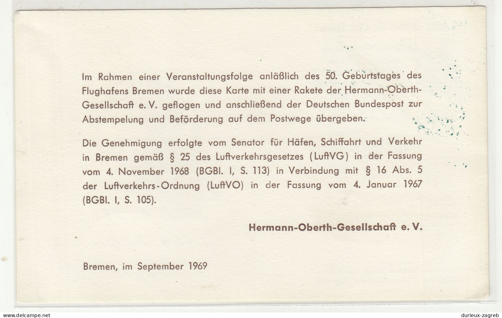 50 Jahre Luftverkehr über Bremen Special Card Posted 1969 B240510 - Autres (Air)