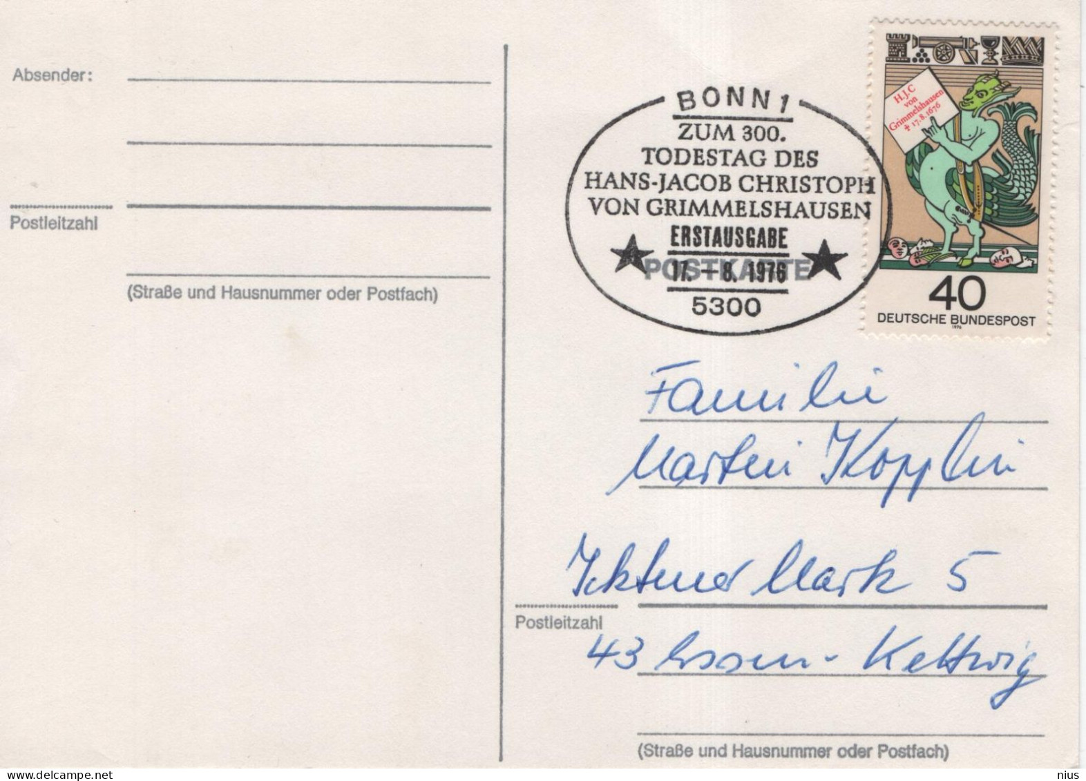 Germany Deutschland 1976 J. J. C. Von Grimmelshausen, Writer Author, Teufel Devil, Canceled In Bonn - Postcards - Used