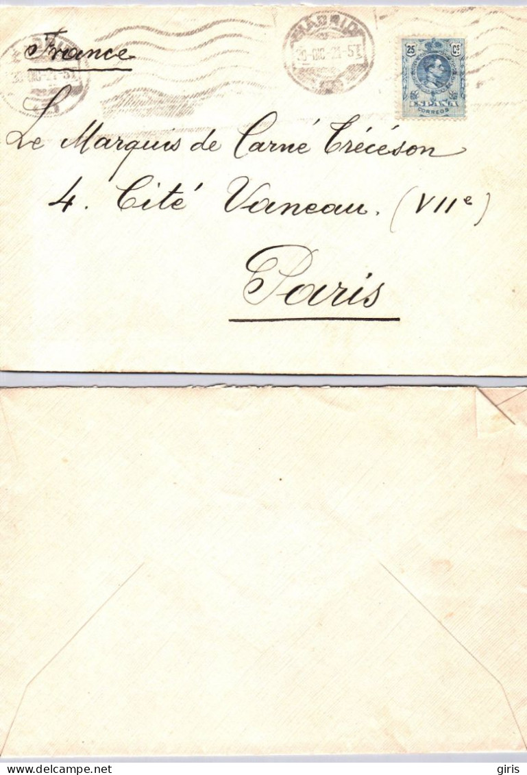 Espagne - Lettre - Obl Madrid 1921 - Pour Paris - Le Marquis De Carné Trécéson - Andere & Zonder Classificatie