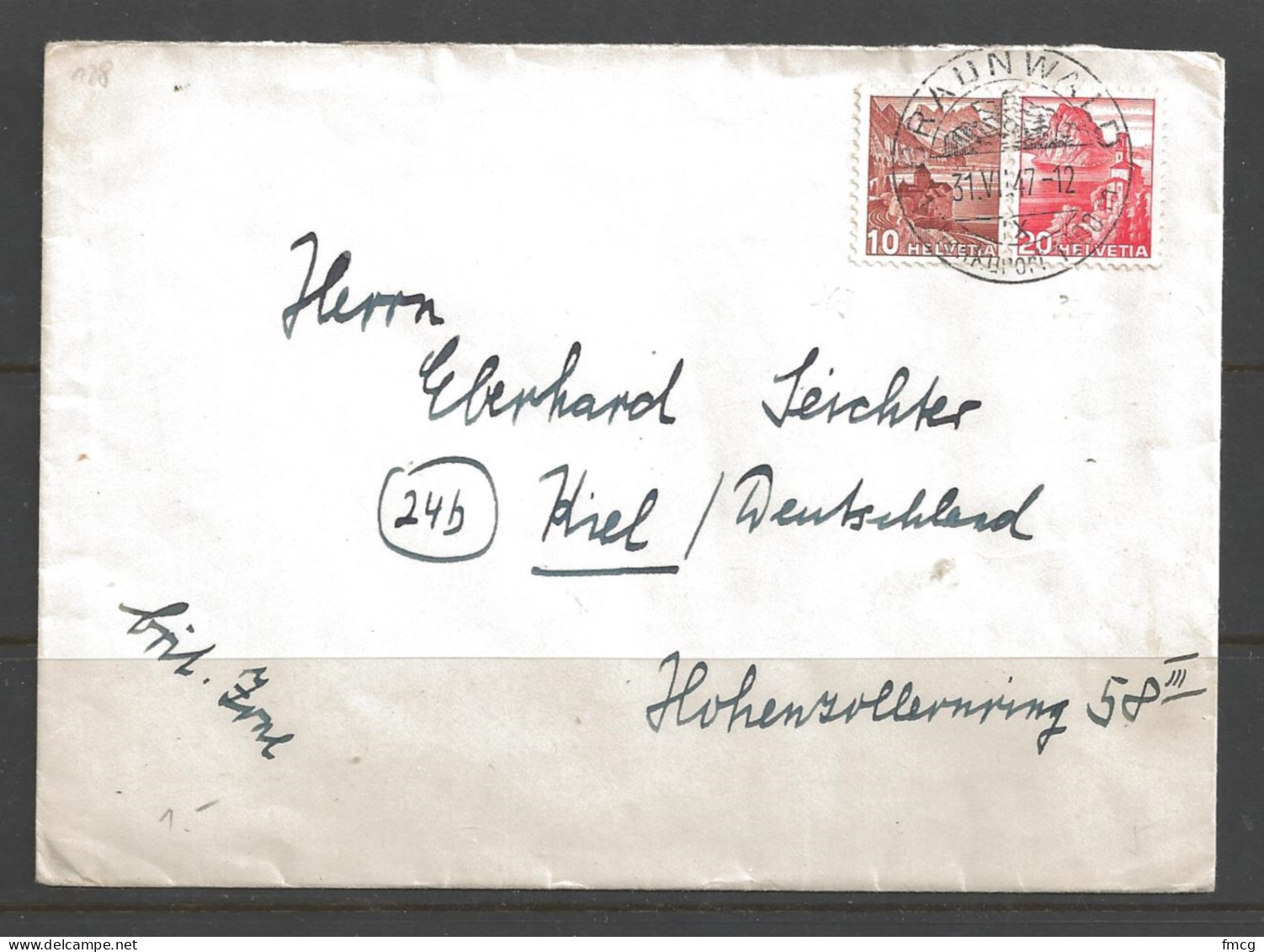1947 10f & 20f Scenes, Braunwald To Kiel Germany (31 VI 47) - Covers & Documents