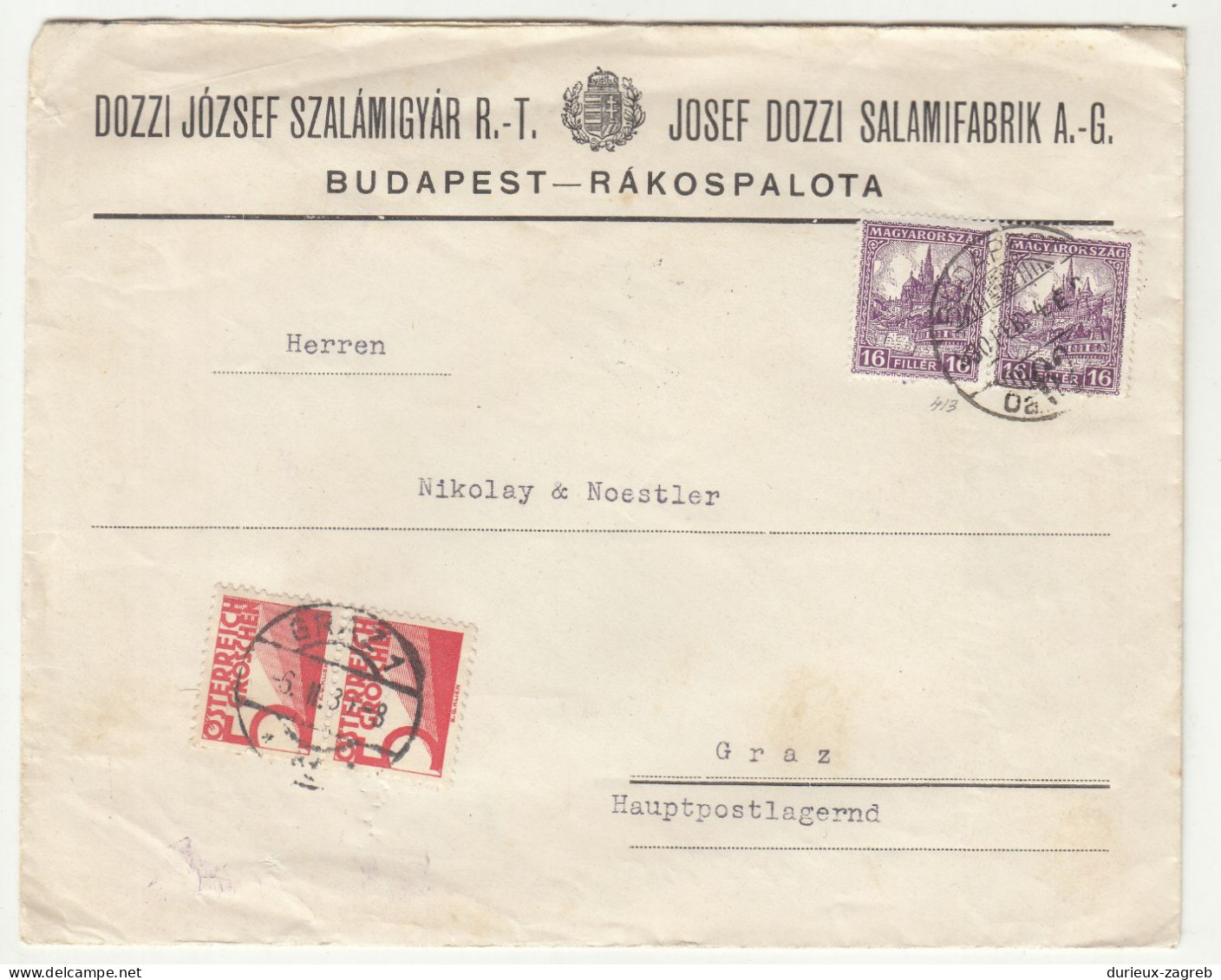 Josef Dozzi Salamifabrik AG, Budapest-Rakospalota Company Letter Cover Posted 1930 To Graz - Postage Due Austria B240510 - Lettres & Documents