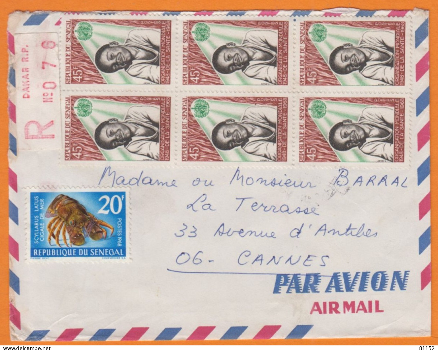 Lettre Recommandée De DAKAR  Sénégal " 20è Anniv De L'O.M.S. 1948-1968 "  BLOC De 6 Année 1971 Pour CANNES - Sénégal (1960-...)