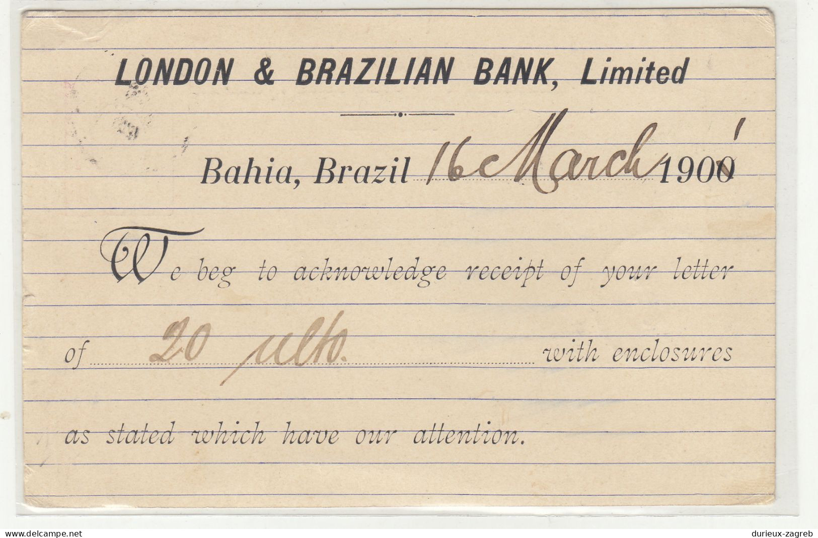 London & Brazilian Bank Ltd., Bahia Company Preprinted UPU Postal Stationery Postcard Posted 1900 To Lepzig B240510 - Lettres & Documents