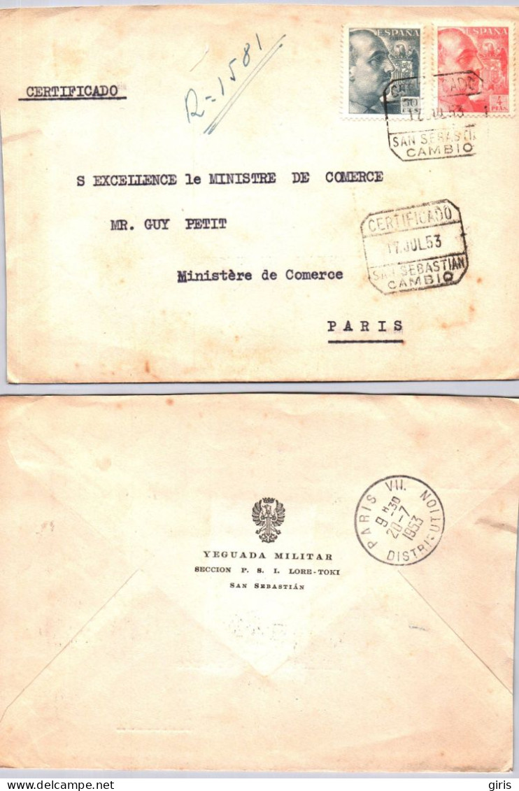 Espagne - Lettre - Obl San Sebastian Cambio 1953 - Pour Paris - Ministre Du Commerce - Sonstige & Ohne Zuordnung