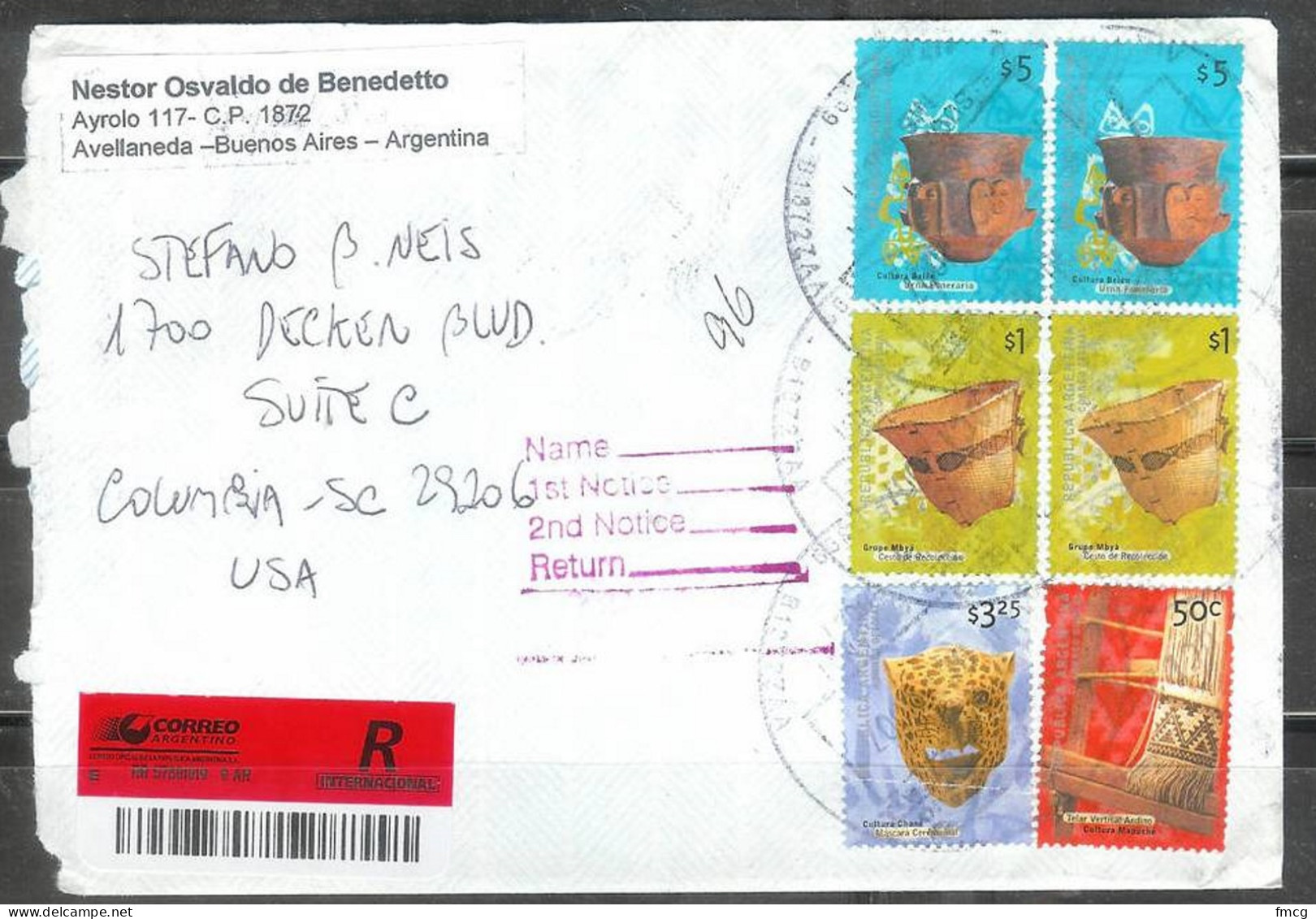 2000  Argentina - Archarological Artifacts On Registered Cover To SC - Covers & Documents