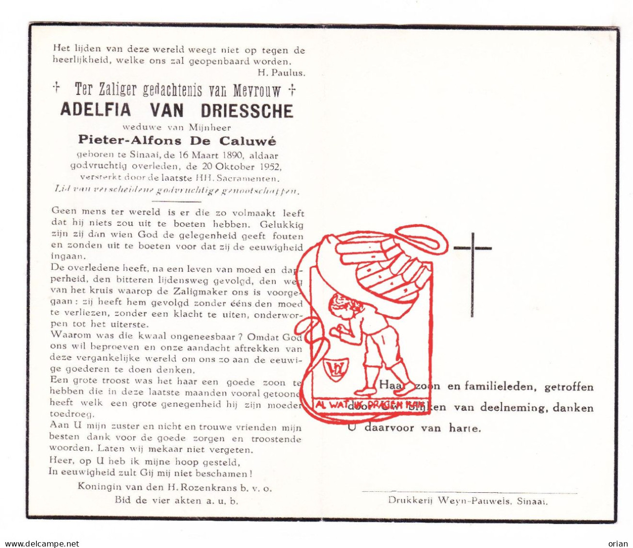 DP Adelfia Van Driessche ° Sinaai Sint-Niklaas 1890 † 1952 X Pieter Alfons De Caluwé - Andachtsbilder