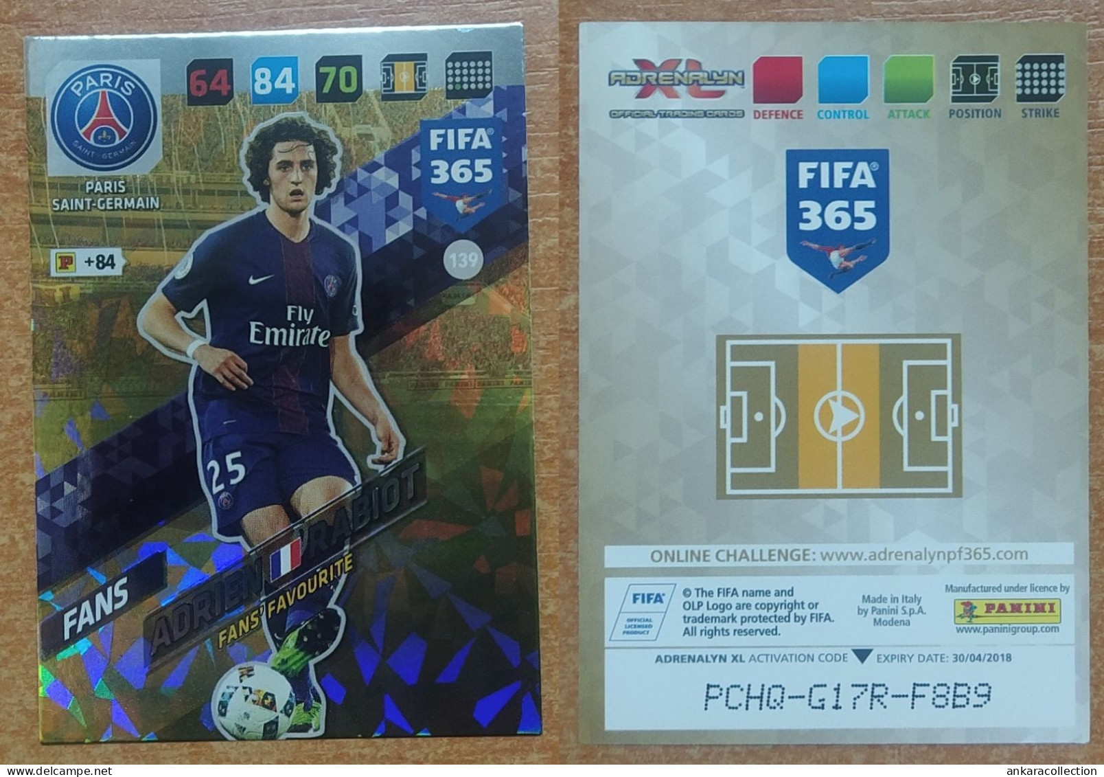 AC - 139 ADRIEN RABIOT  PARIS SAINT GERMAIN  FANS FAVOURITE  PANINI FIFA 365 2018 ADRENALYN TRADING CARD - Trading Cards