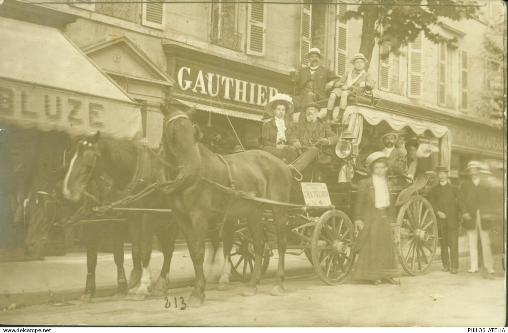 CP CPA Superbe Carte Photo Attelage Diligence Châteldon Magasin Gauthier  63 Puy De Dôme - Chateldon